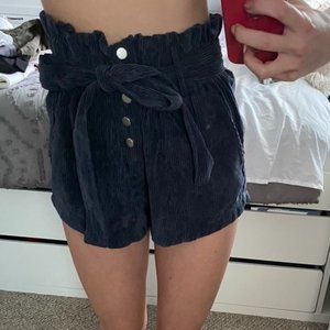 Navy Blue High Waisted Corduroy Shorts w/ Tie